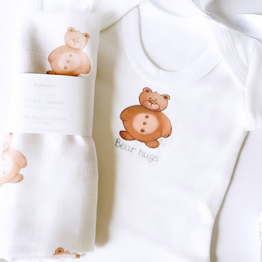 new baby gift set of baby bodysuit, muslin cloth with cute teddy bear woodland print design