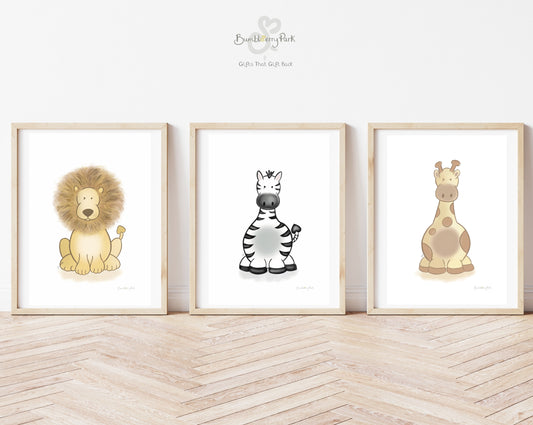 set of 3 safari nursery wall prints with lion, zebra and giraffe illustrations