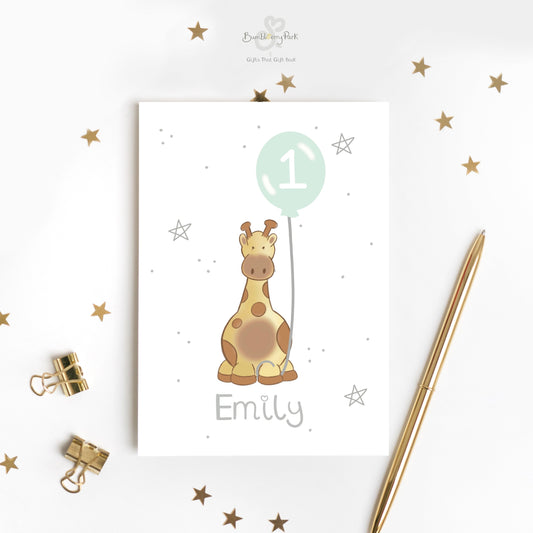 premium personalised girls giraffe birthday card with baby name for safari animal children's party for 1st 2nd 3rd 4th girls birthday