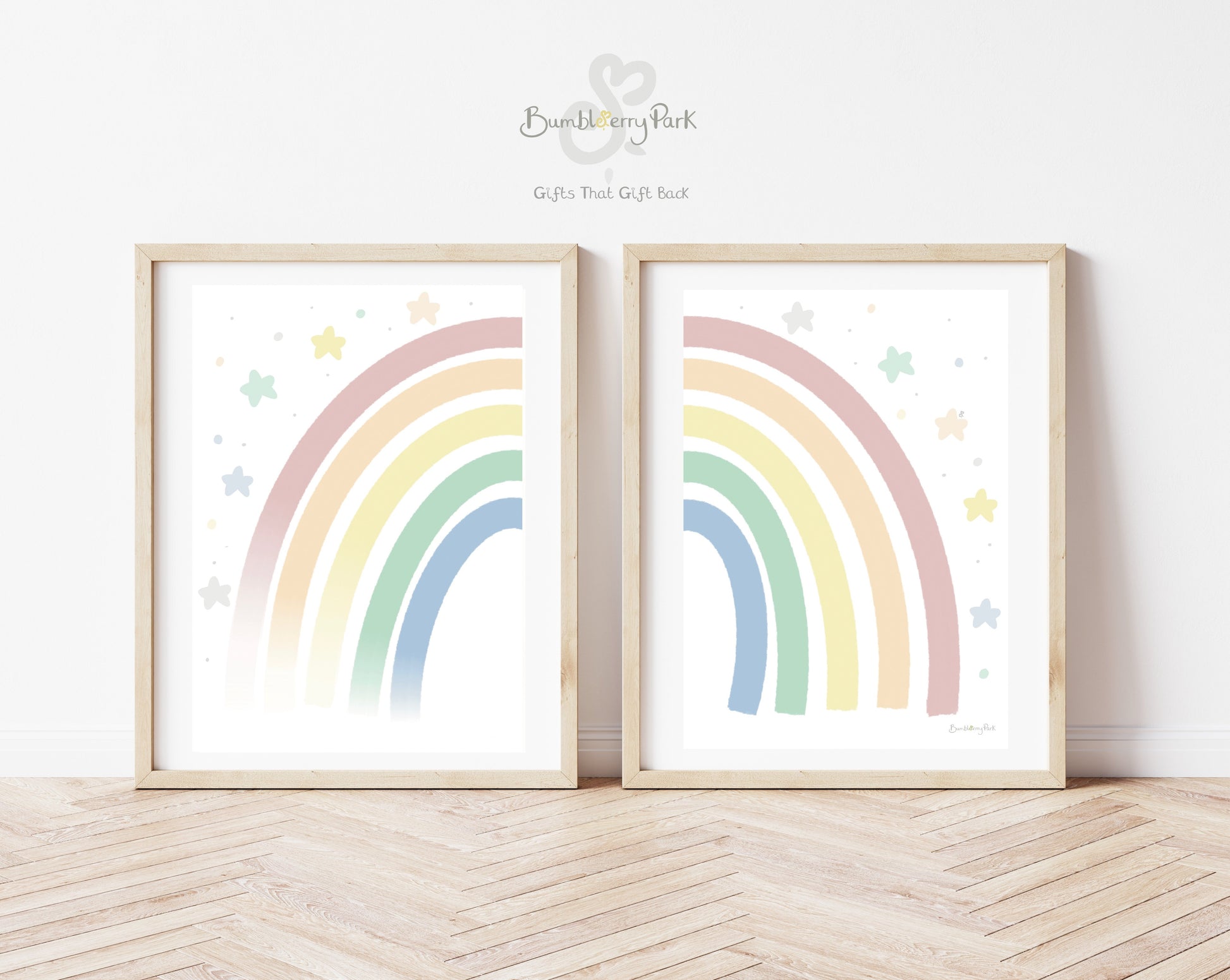 set of 2 rainbow nursery prints in bright pastel colours with stars