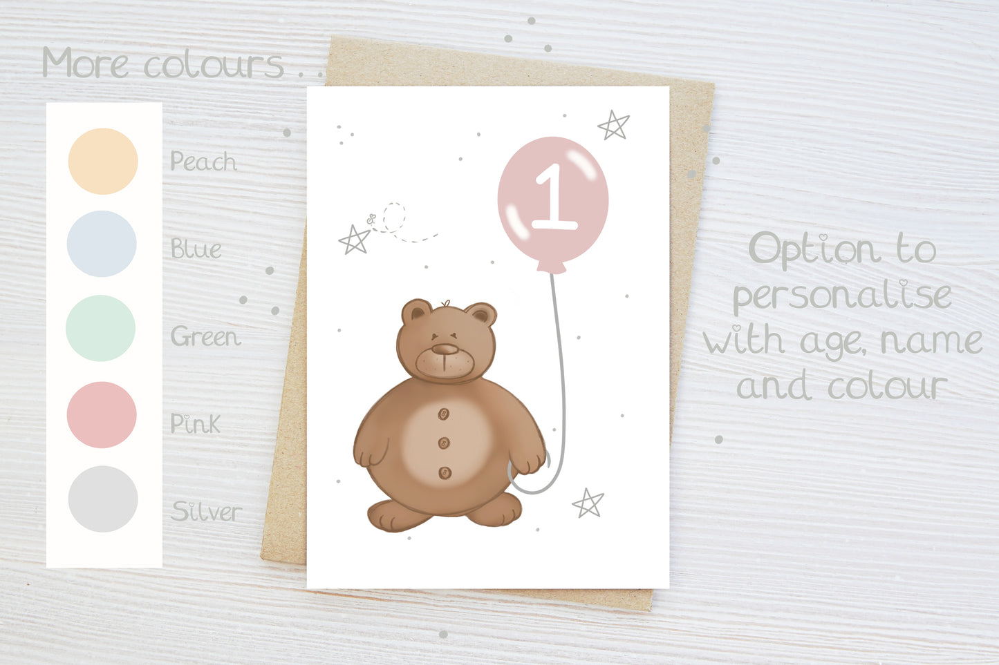 colour selection chart for new baby card with bear design and pastel colour balloon options and personalised text 