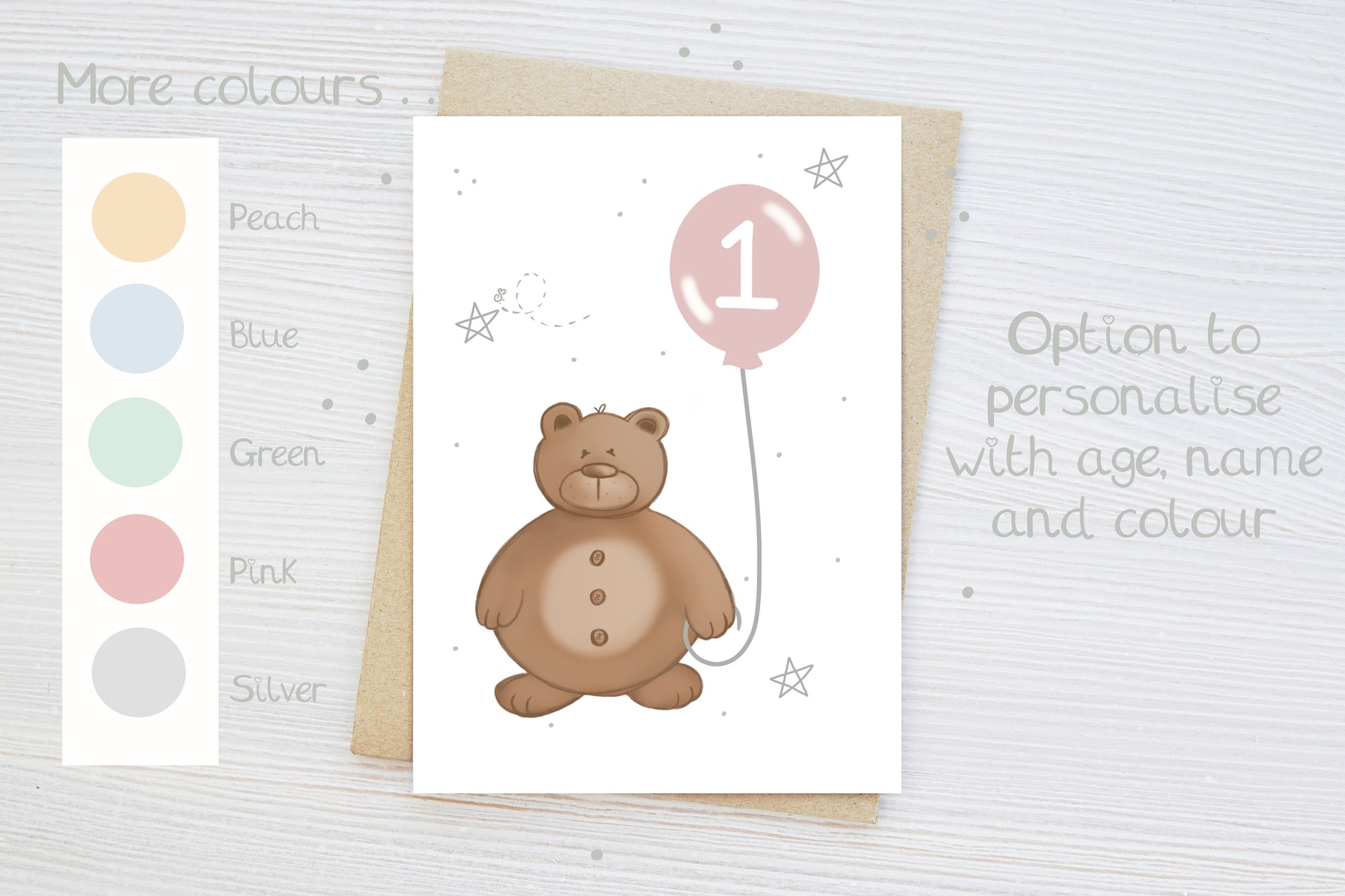 colour selection chart for new baby card with bear design and pastel colour balloon options and personalised text 