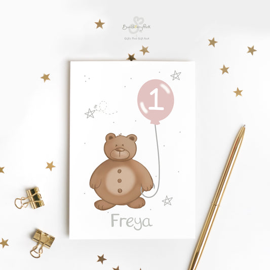 premium personalised girls teddy bear birthday card for woodland cute animal children's party for 1st 2nd 3rd 4th girls birthday