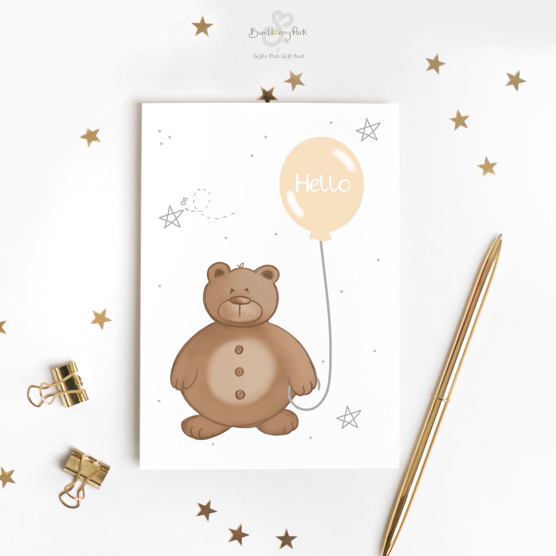 new baby unisex card with teddy bear holding a balloon with "hello" gift message