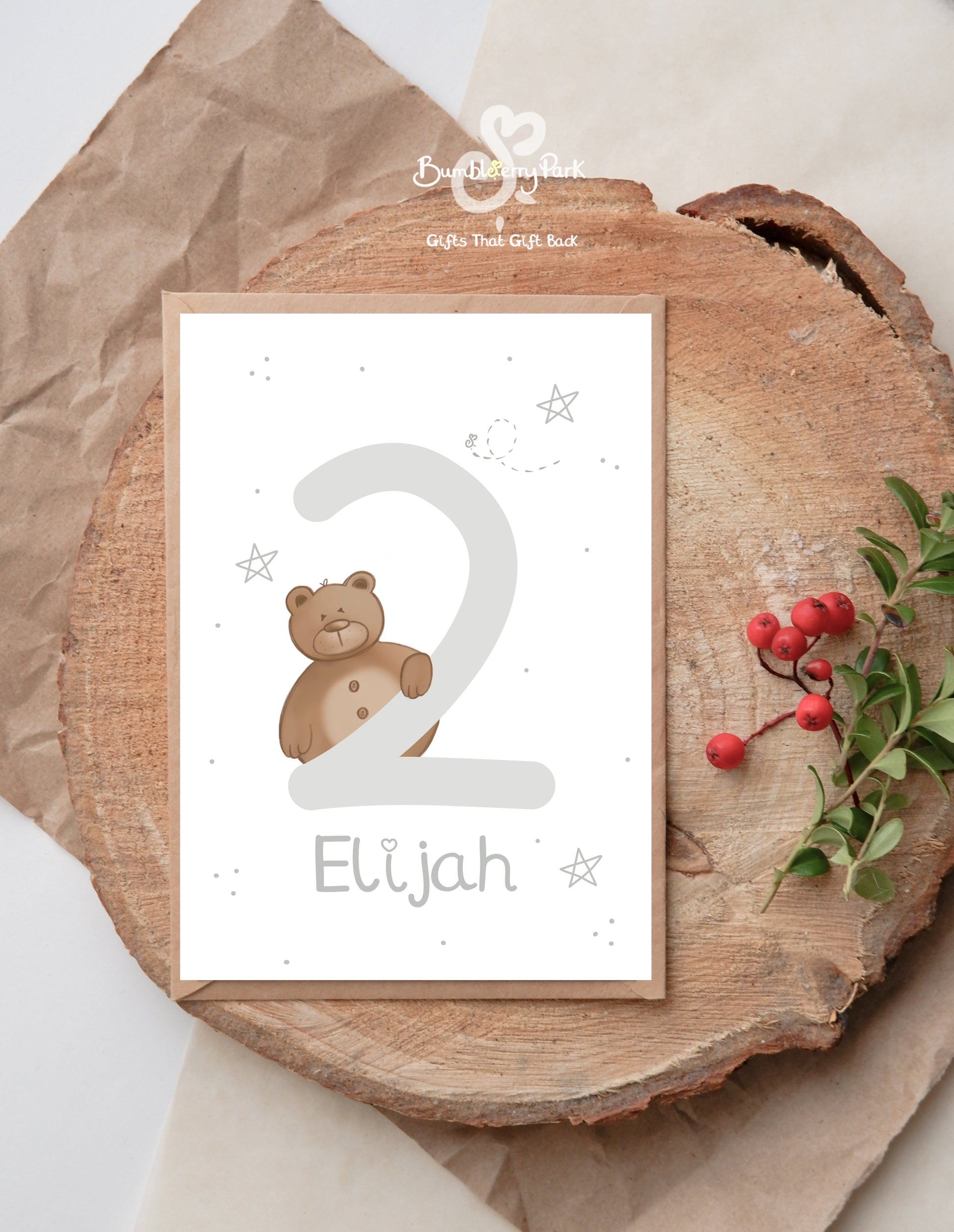 2nd birthday card for boy with teddy bear holding a number 2 in silver colour