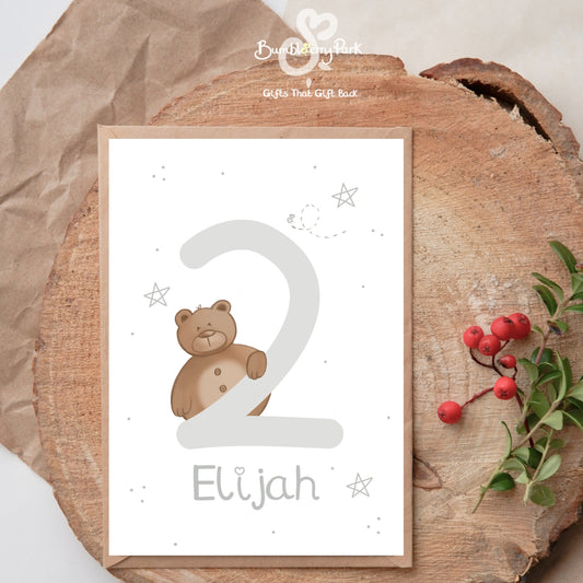 2nd birthday card for boy with teddy bear holding a number 2 in silver colour