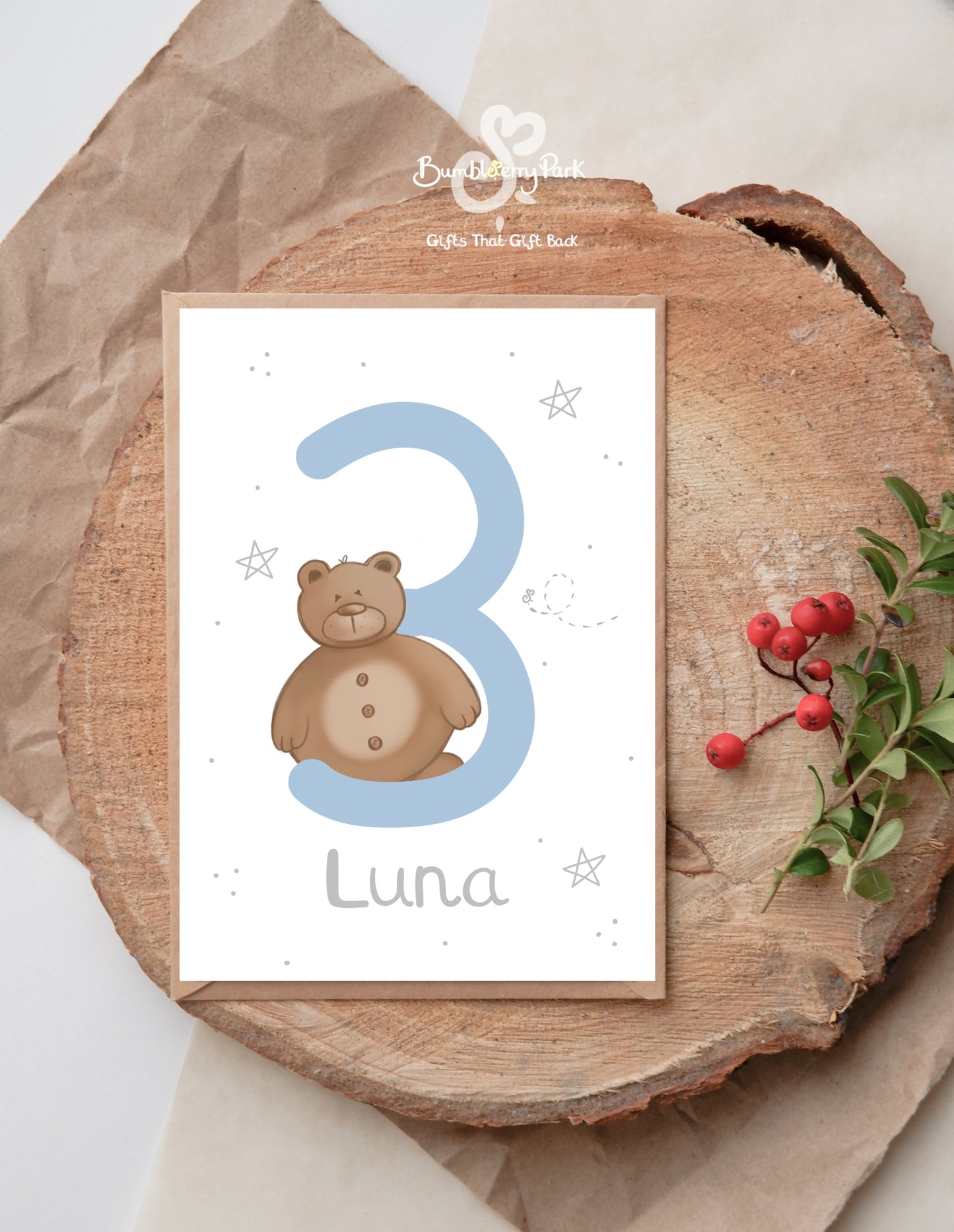 number 3 milestone birthday card for baby boy and girl with a woodland teddy bear design