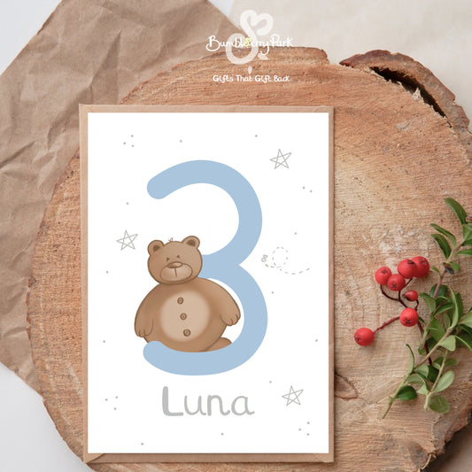 number 3 milestone birthday card for baby boy and girl with a woodland teddy bear design