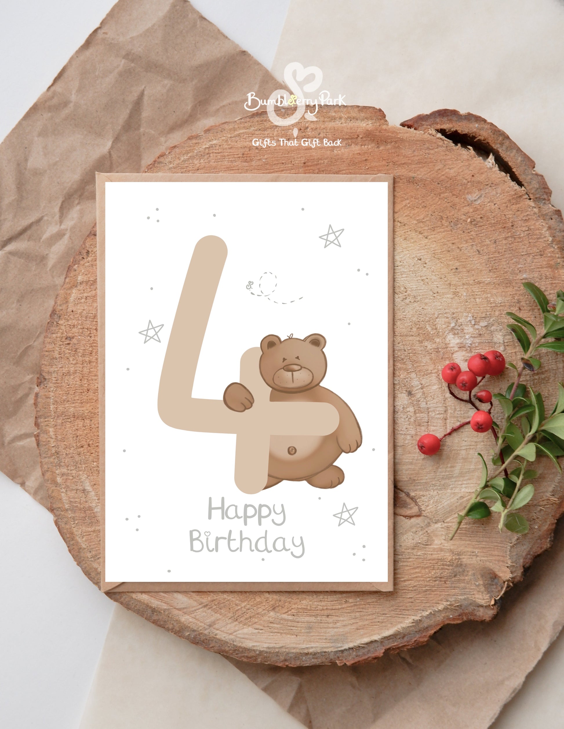 Luxury children's 4th birthday milestone birthday card with safari animal theme stars and happy birthday text and age 4