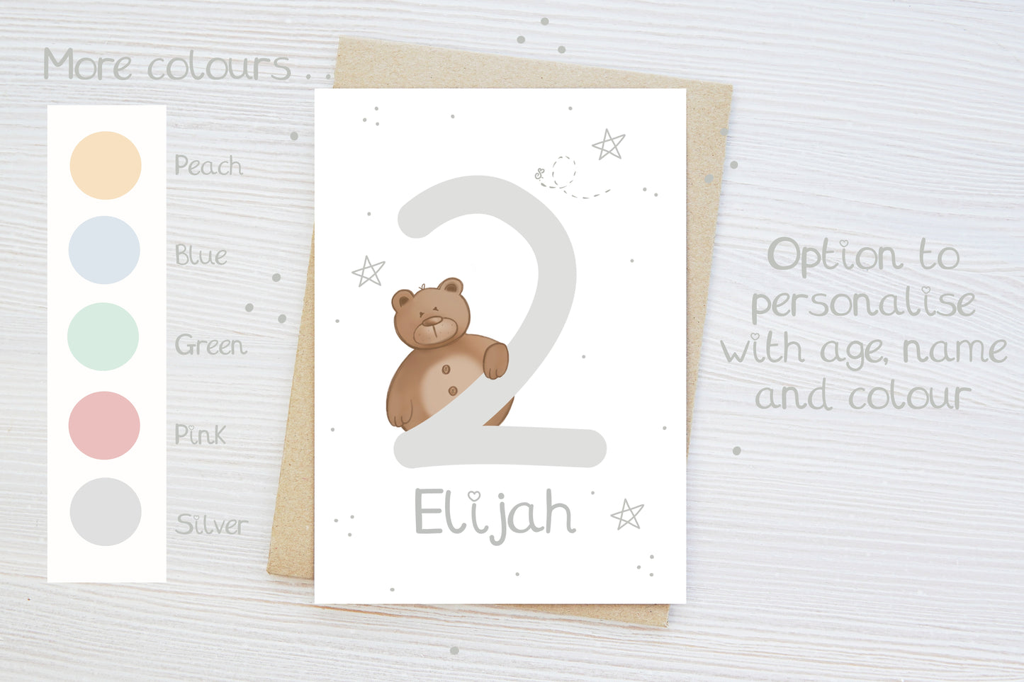 colour selection chart for personalised teddy bear birthday card for children's milestone birthday party