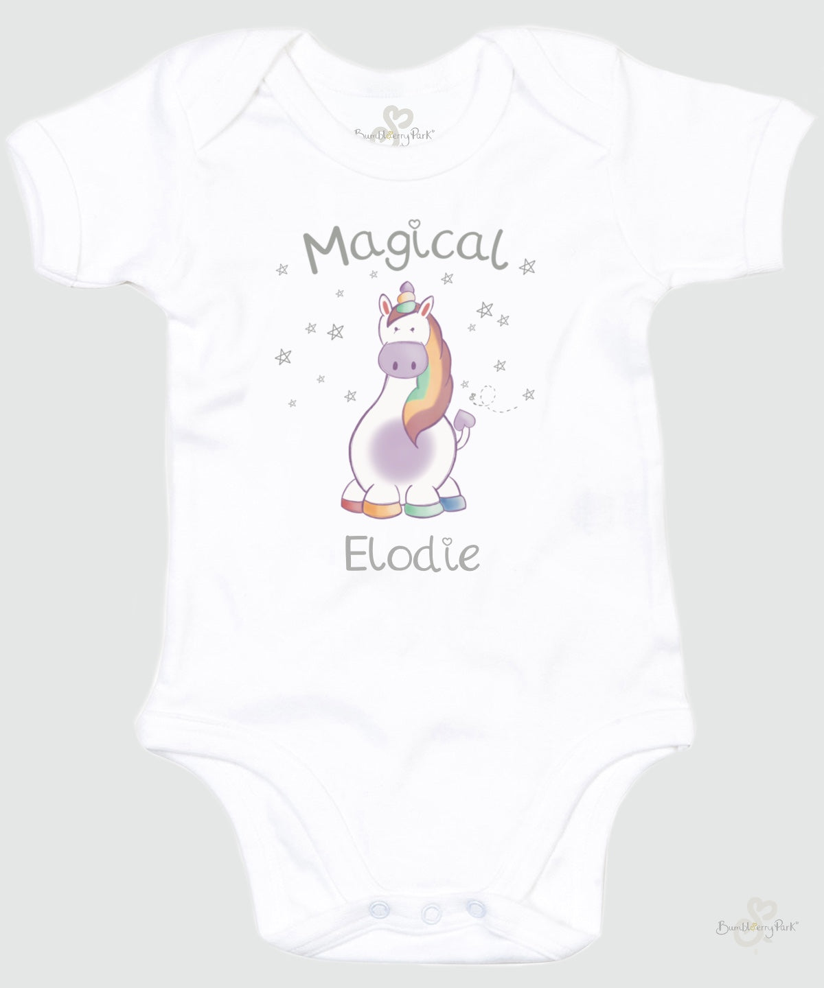 new baby girl personalised gift of personalised unicorn bodysuit with magical typography