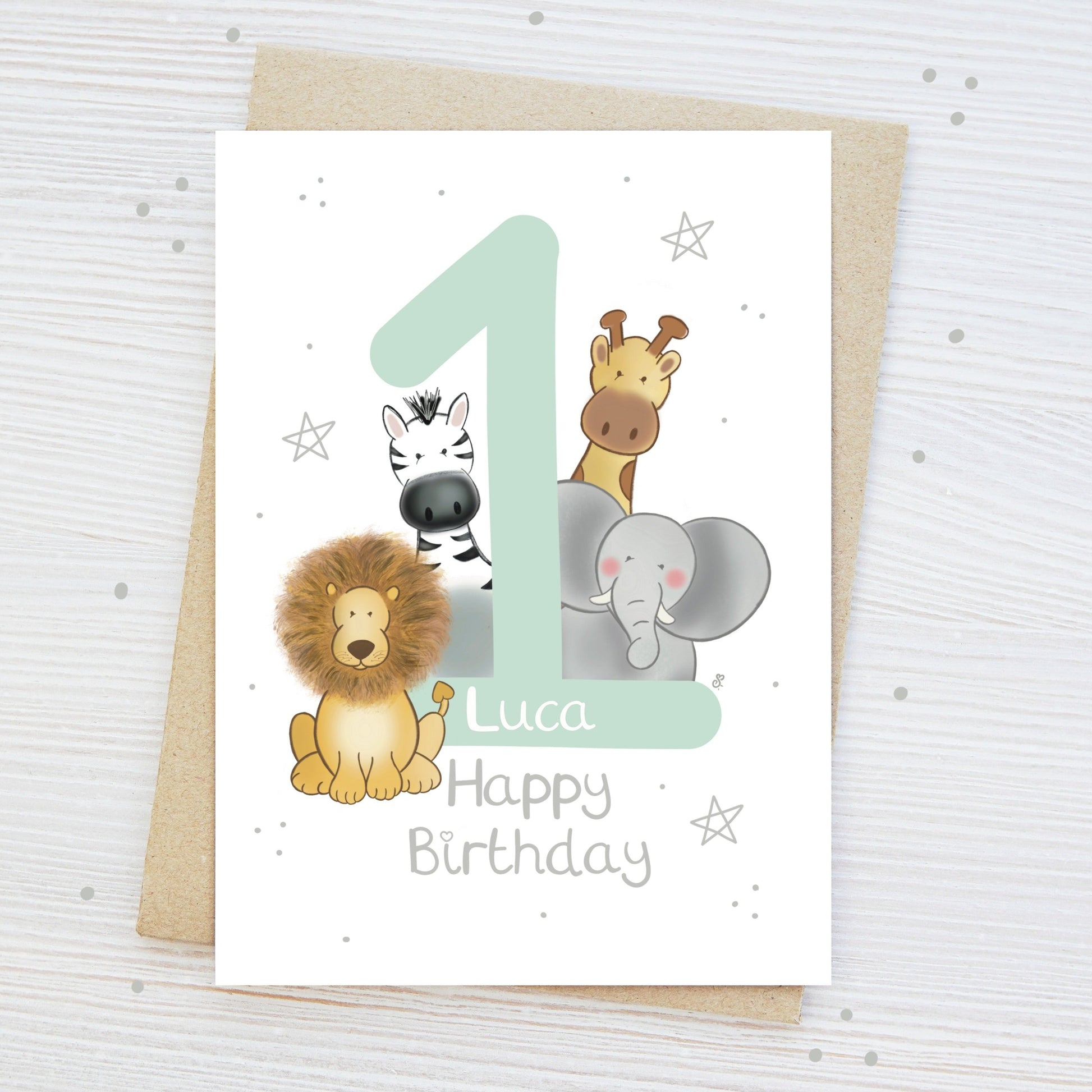 Luxury children's milestone birthday card with safari animal theme stars and happy birthday text with personalised name