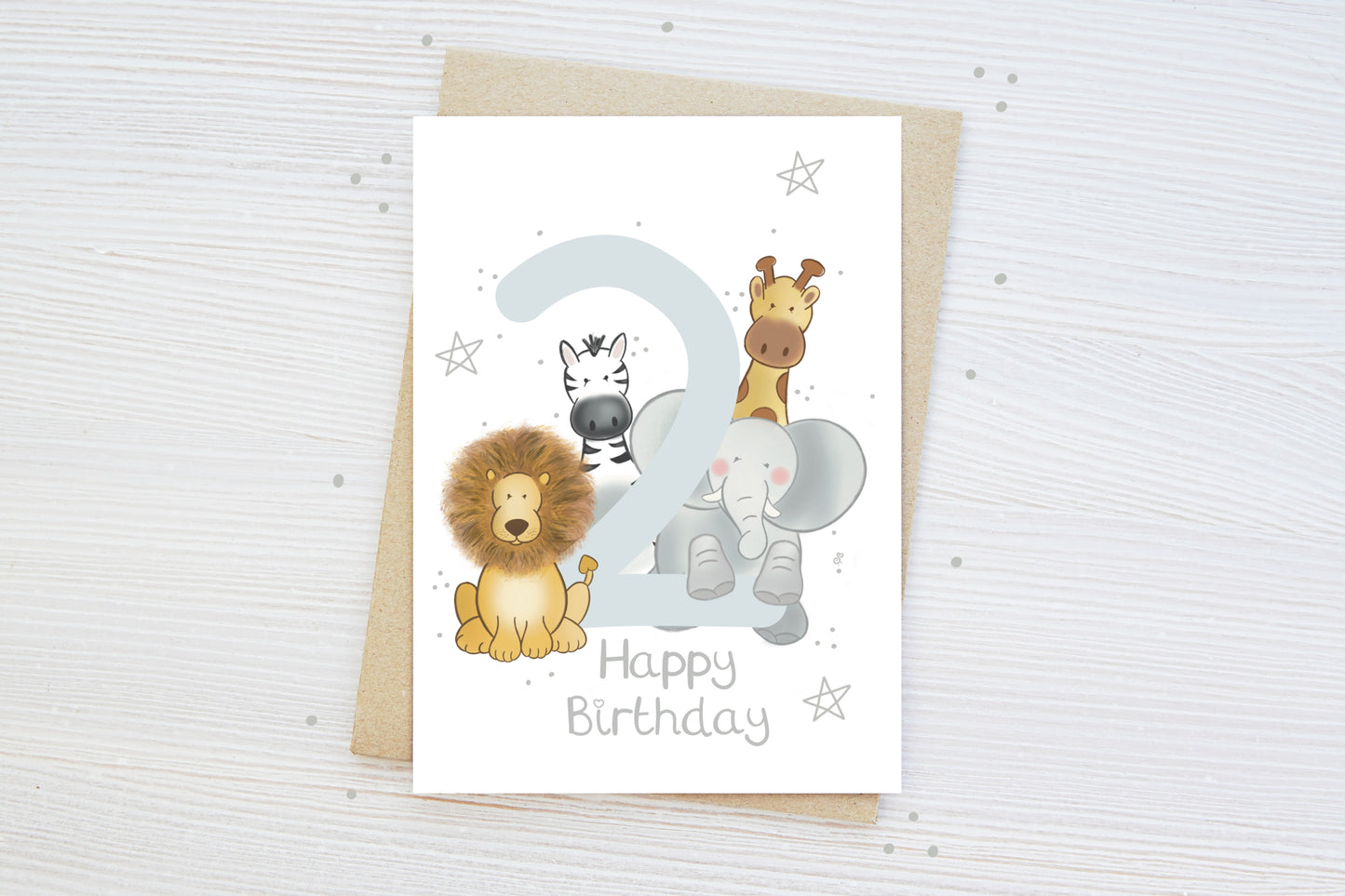 Luxury children's milestone birthday card with safari animal theme stars and happy birthday text and age 2