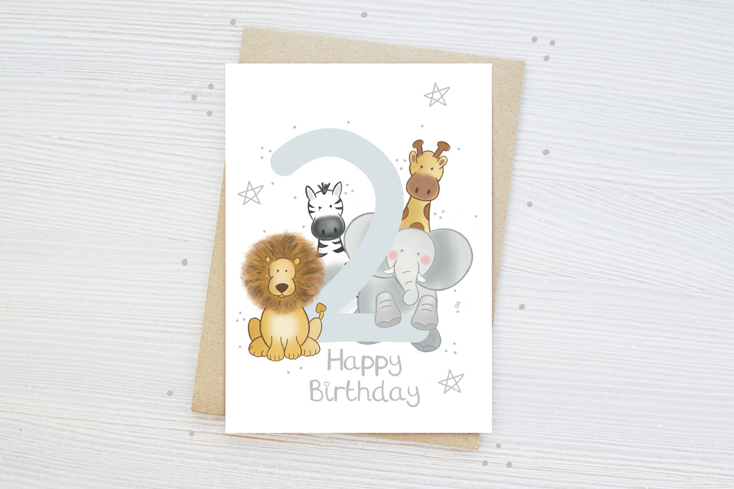 Personalised Luxury children's milestone birthday card with safari animal theme stars and happy birthday text and personalised with age 2 number and name