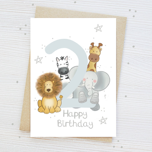 Luxury children's 2nd birthday milestone birthday card with safari animal theme stars and happy birthday text for boy girl