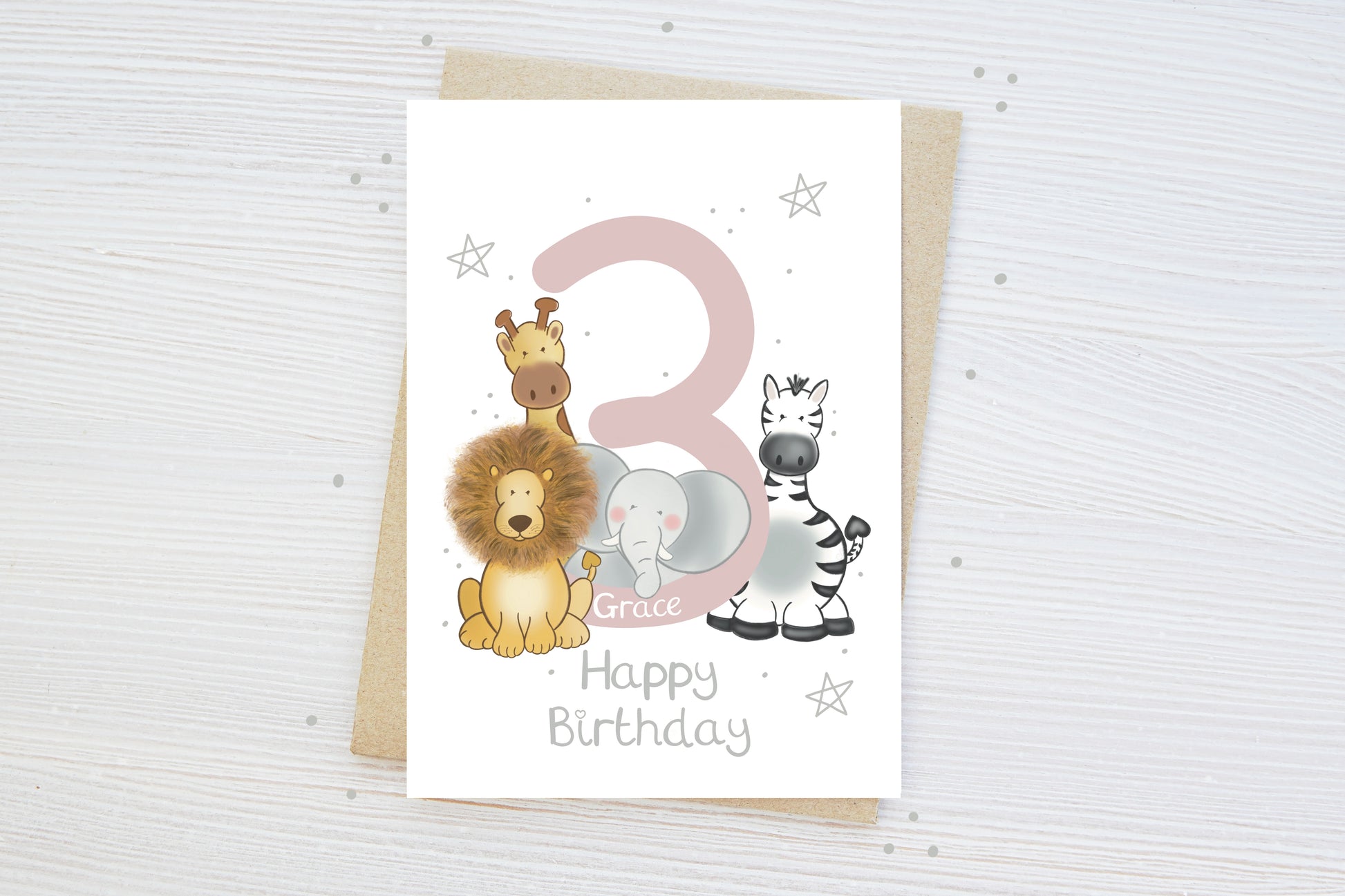 Luxury children's milestone birthday card with safari animal theme stars and 3rd happy birthday text age 3