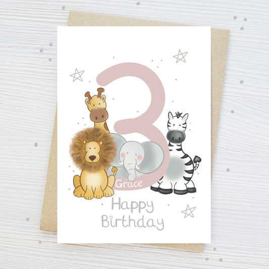 Luxury children's 3rd birthday milestone birthday card with safari animal theme stars and happy birthday text for boy girl