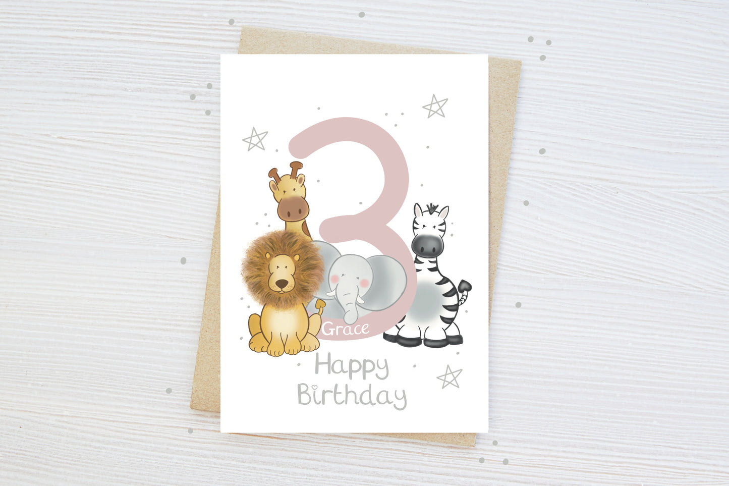 Luxury children's personalised 3rd birthday milestone birthday card with safari animal theme stars and happy birthday text and age 3 and name 