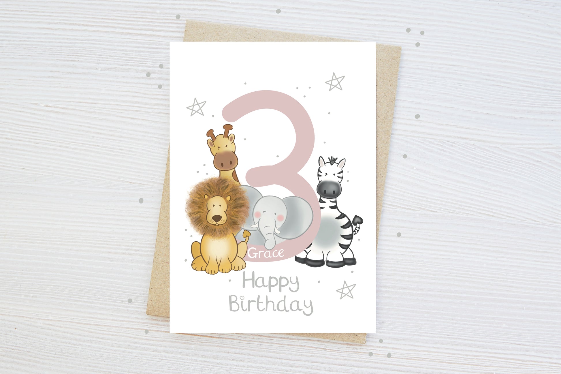 Luxury children's personalised 3rd birthday milestone birthday card with safari animal theme stars and happy birthday text and age 3 and name 