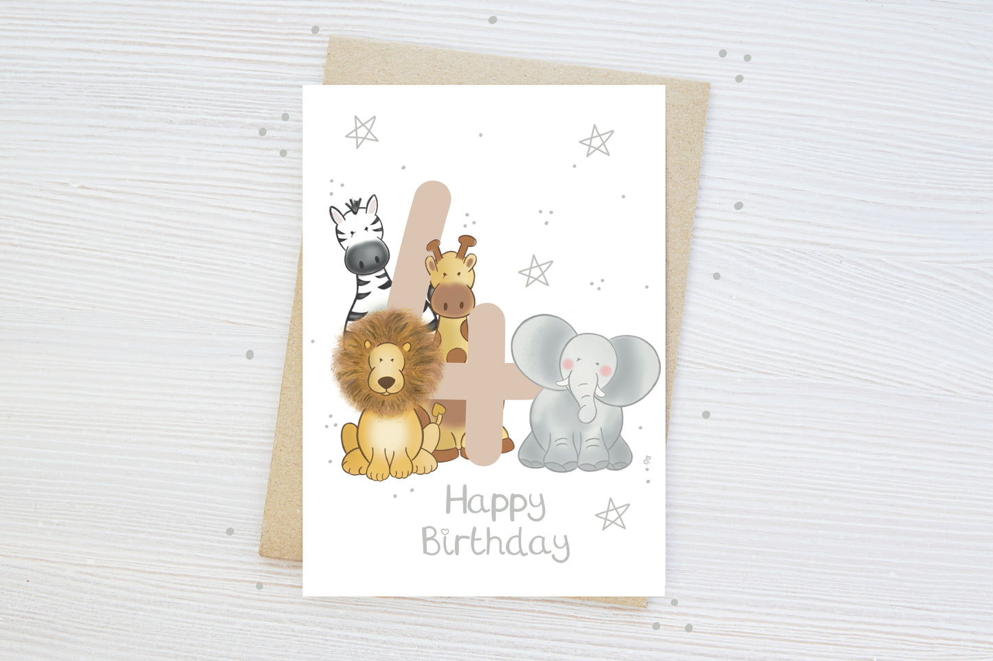 Luxury children's 4th birthday milestone birthday card with safari animal theme stars and happy birthday text and age 4