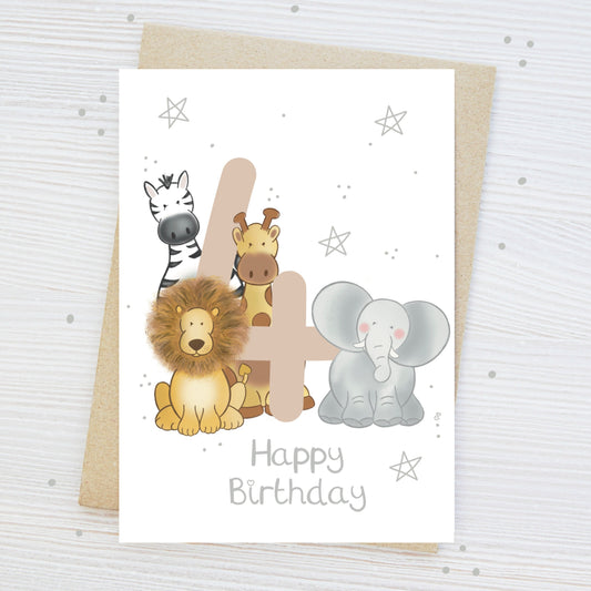 Personalised Luxury children's milestone 4th birthday card with safari animal theme stars and happy birthday text and personalised with age 4 number