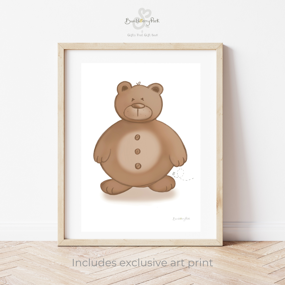 teddy bear nursery art print in wooden frame
