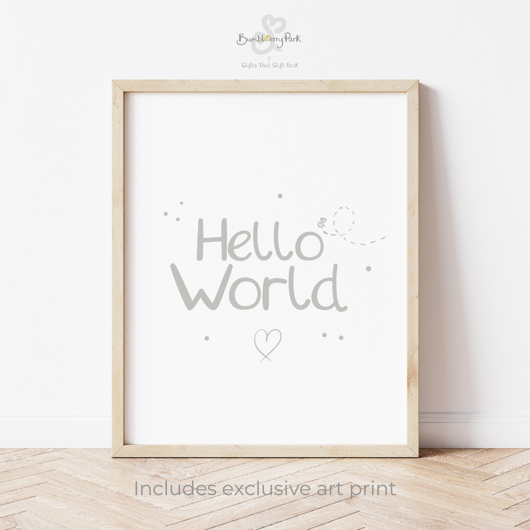 contemporary minimalist nursery art print with silver typography "hello world"