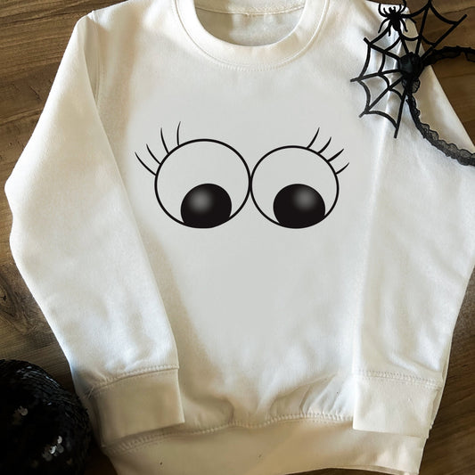 children's Halloween white sweatshirt with ghost googly eyes with eye lashes