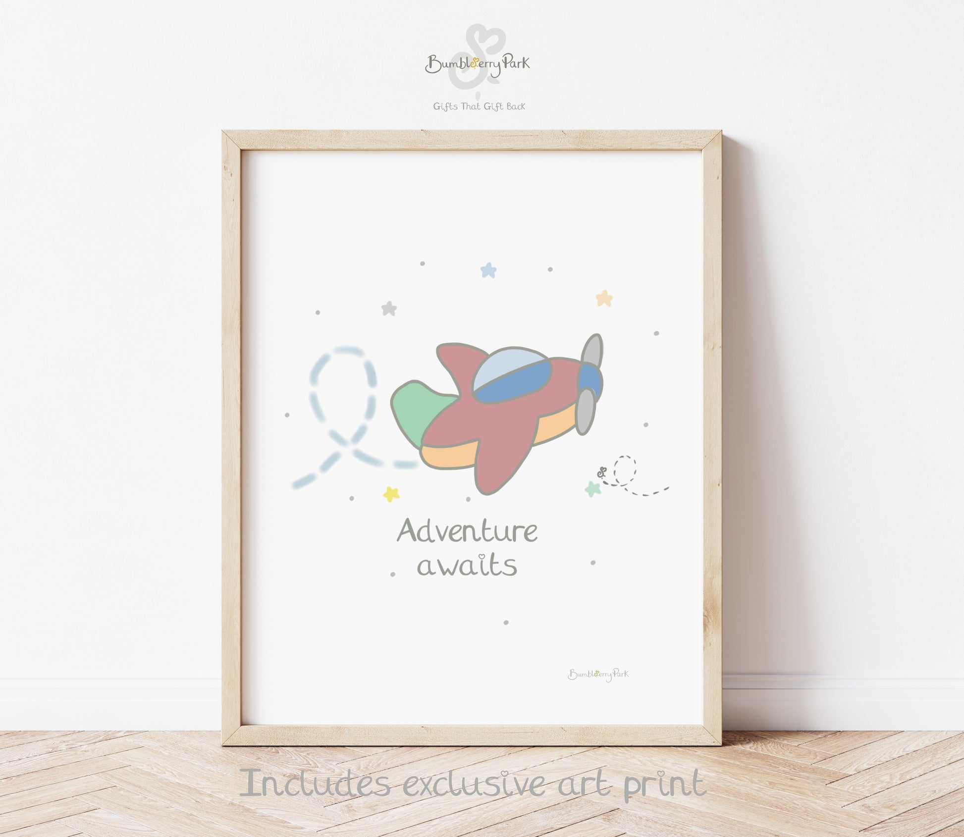nursery print of bright colourful aeroplane and quote "adventure awaits"