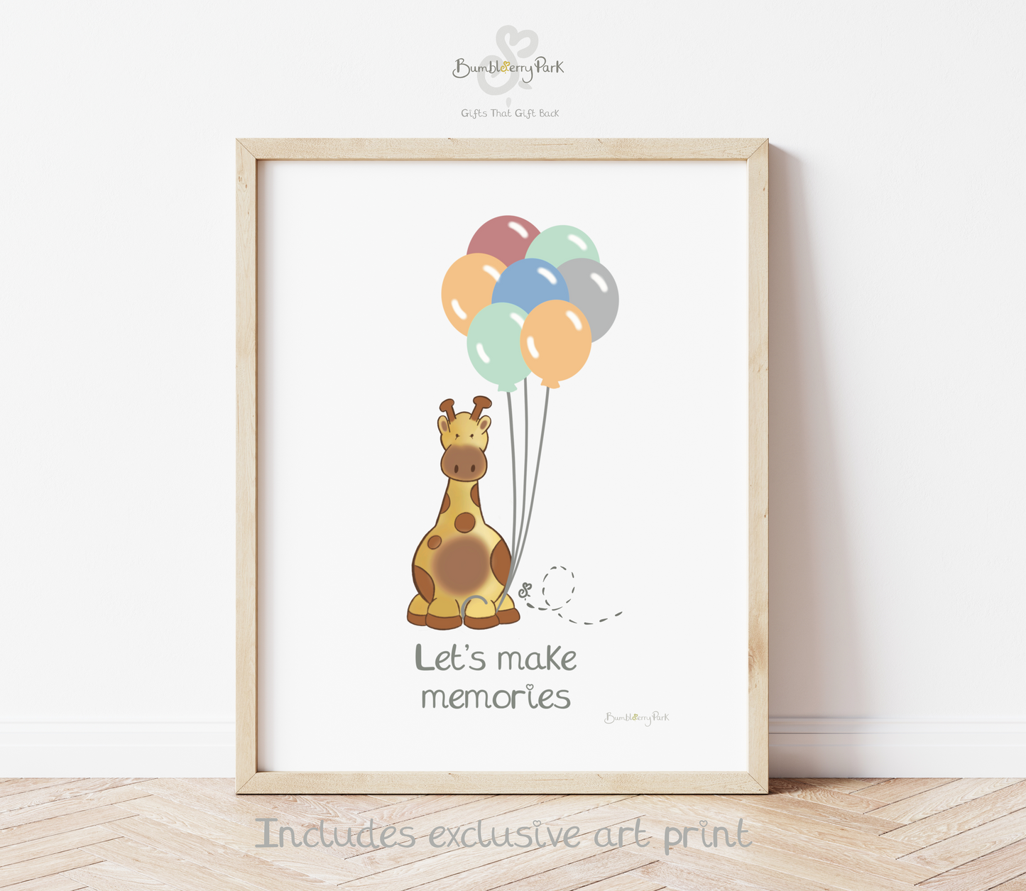 safari giraffe nursery print in wooden frame with "let's make memories" text