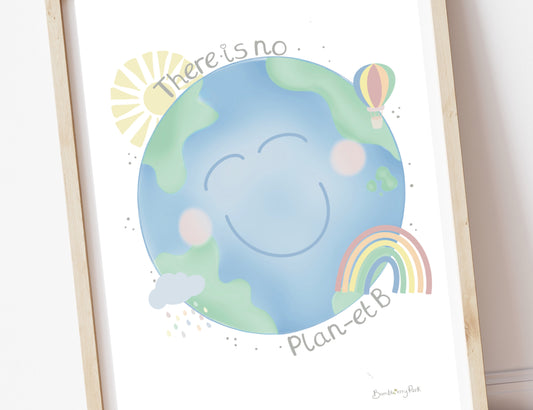 there is no planet B poster for playroom and classroom wall in pastel colours with eco friendly smiling face, rainbow, sunshine and weather illustrations