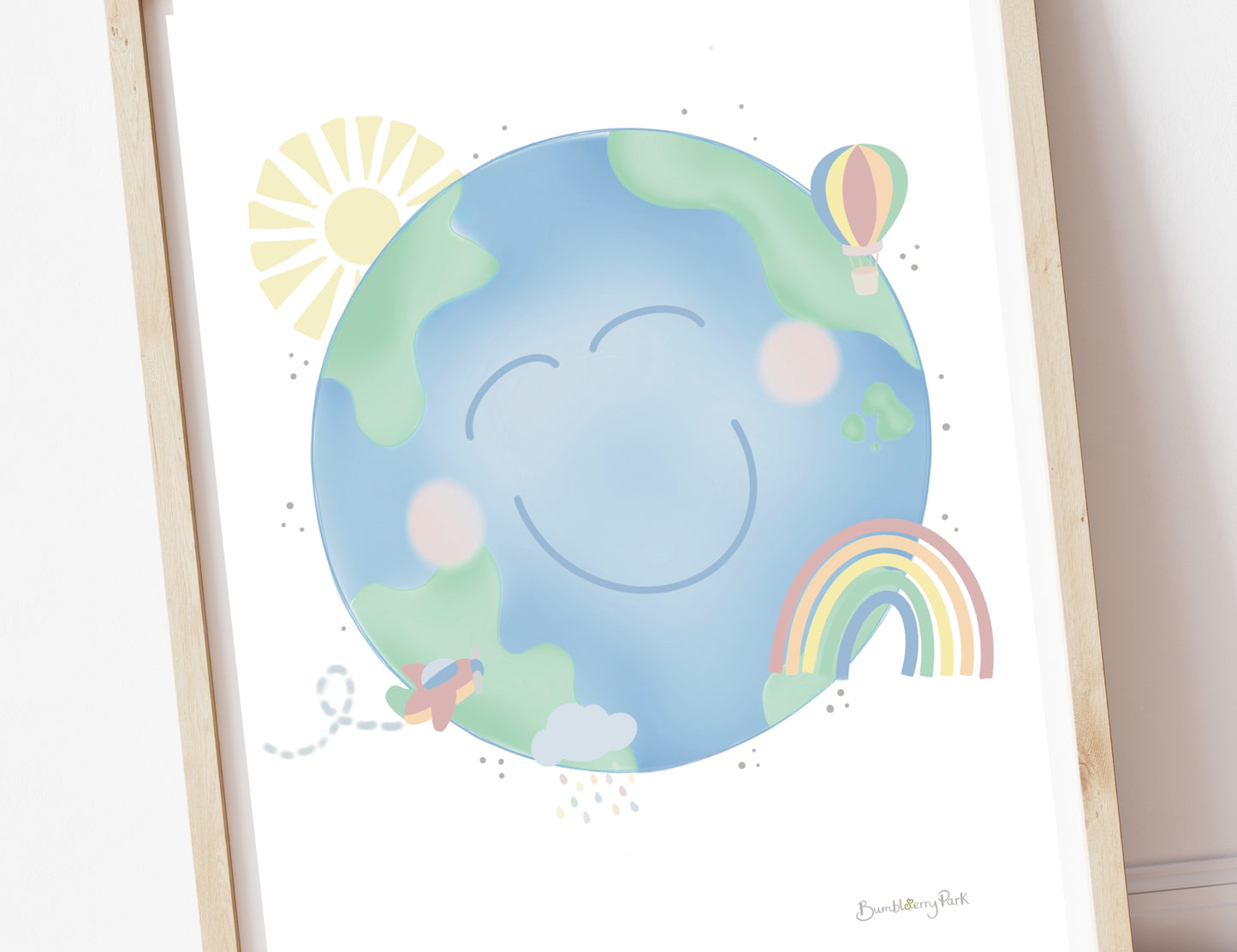 close up of a earth illustration with a smiling face and weather and travel illustrations