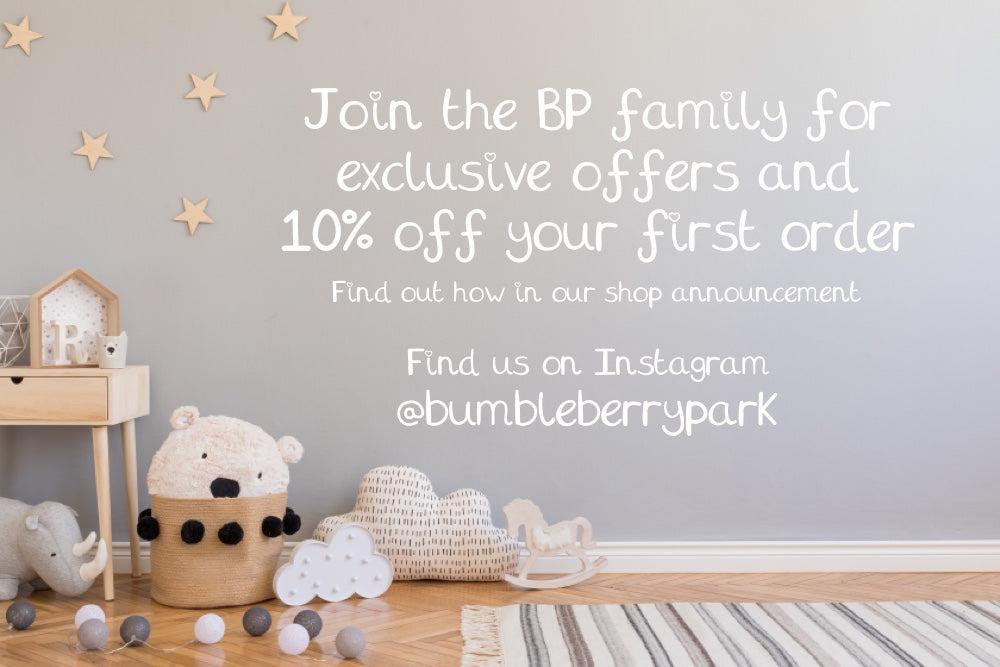nursery with safari soft toys and wooden wall decals with text describing loyalty programme exclusive member offers and social media handles for bumbleberry park