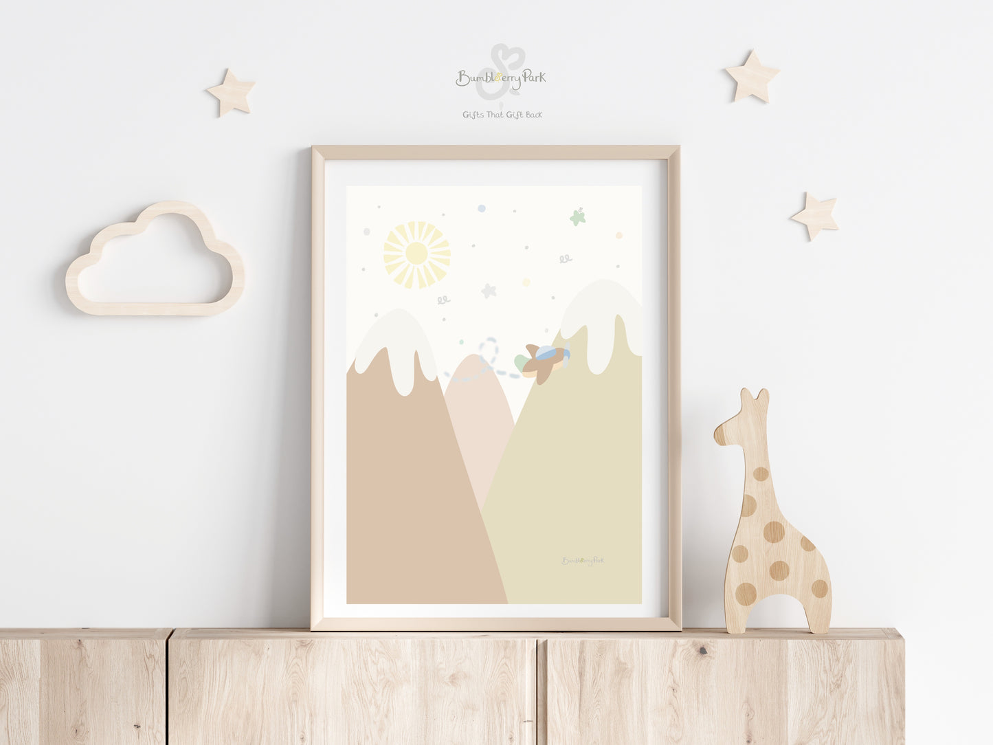 scandi inspired little explorer nursery posters for children's bedroom. Neutral nursery decor prints with travel and transport theme decor with mountains, sunshine, hot air balloon and aeroplane features