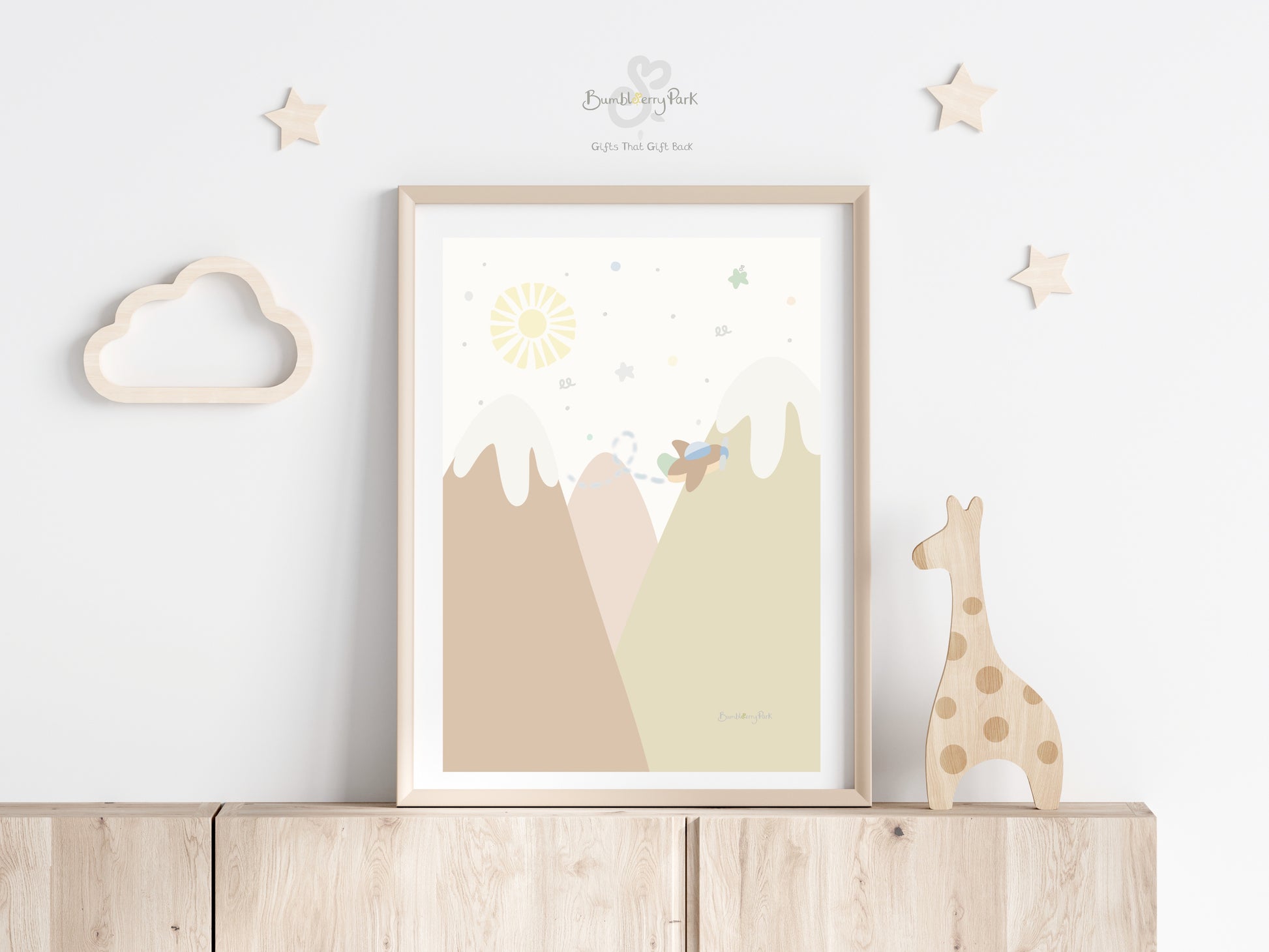scandi inspired little explorer nursery posters for children's bedroom. Neutral nursery decor prints with travel and transport theme decor with mountains, sunshine, hot air balloon and aeroplane features