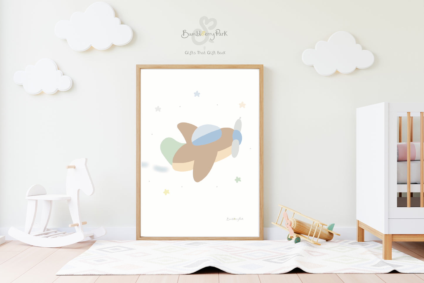 little explorer nursery posters of an aeroplane in boho trend for children's bedroom. Neutral nursery decor prints with travel and transport theme decor with mountains, sunshine, hot air balloon and aeroplane 
