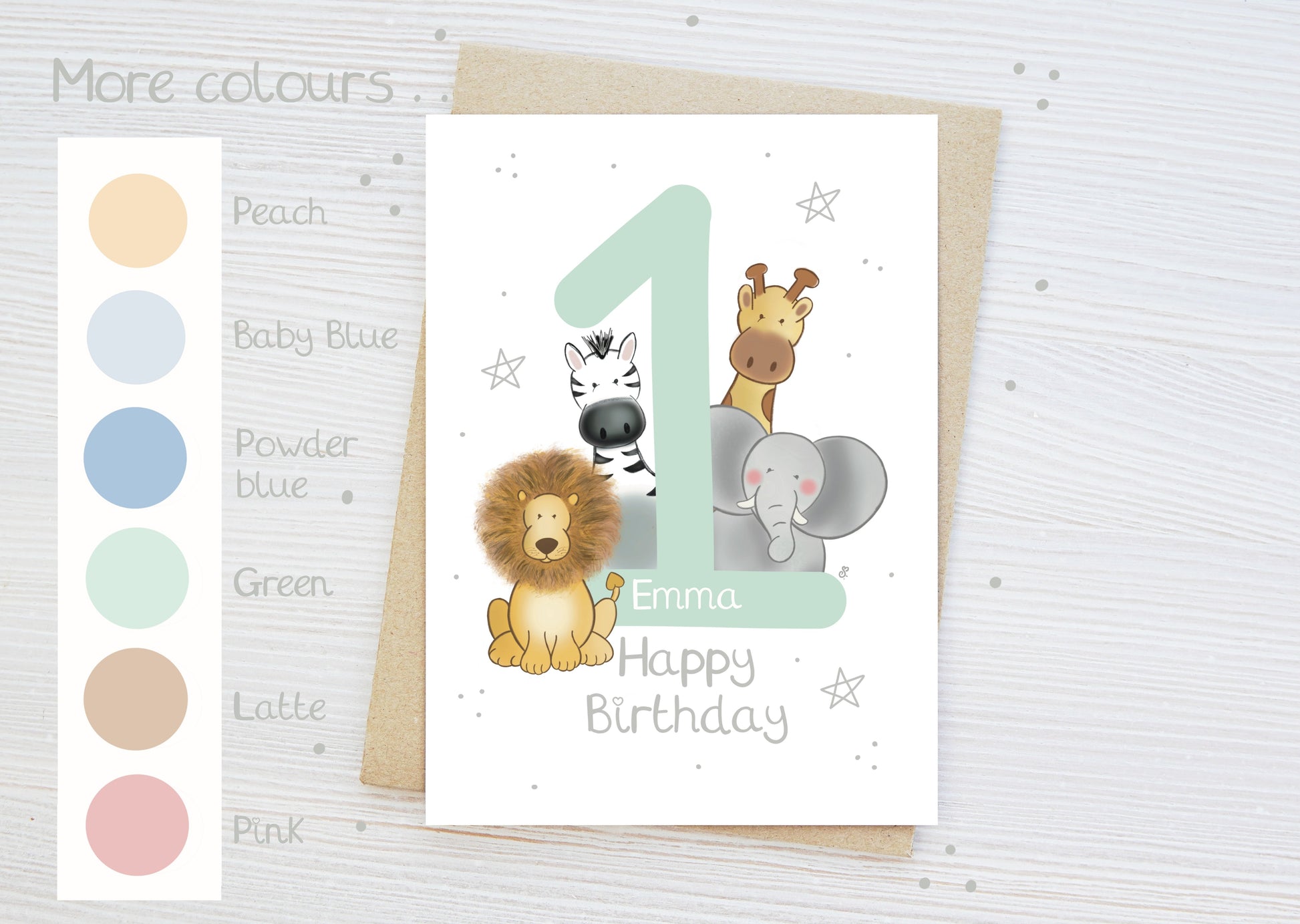 colour options for luxury children's milestone birthday card with safari animal theme stars and happy birthday text with personalised name