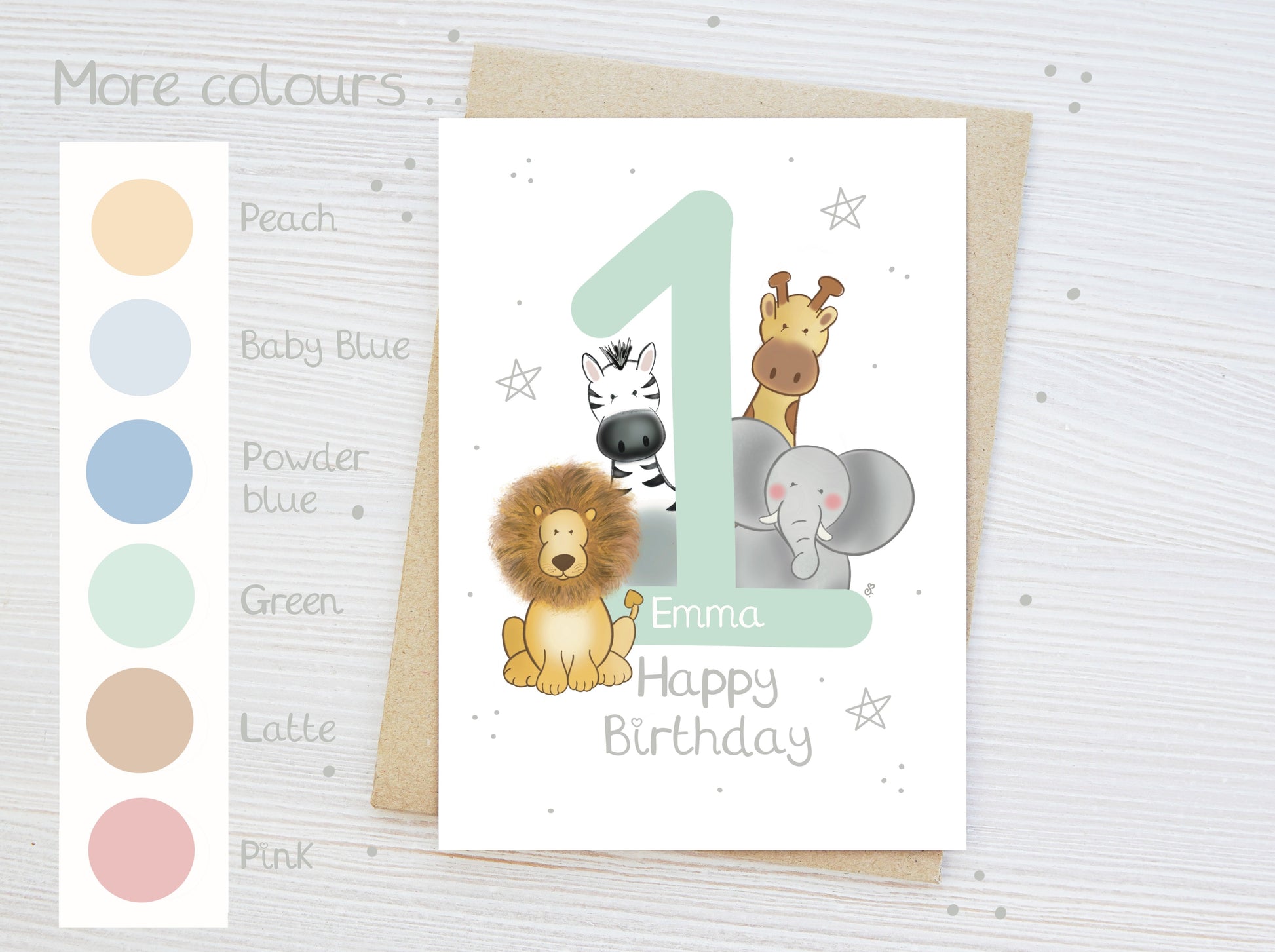 colour options for luxury children's milestone birthday card with safari animal theme stars and happy birthday text with personalised name