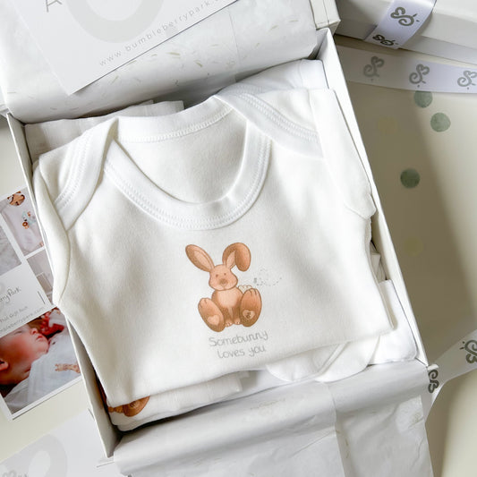 woodland bunny baby bodysuit gift set of 3 matching designs in luxury white gift box