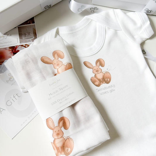 woodland bunny baby bodysuit and matching bunny rabbit muslin square gift set