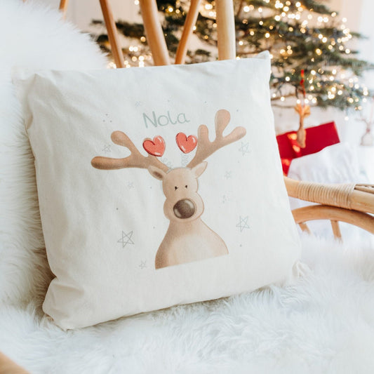 reindeer christmas cushion personalised with children's name