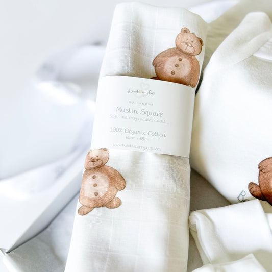 organic cotton white baby muslin cloth with cute woodland teddy bear design with belly band wrap