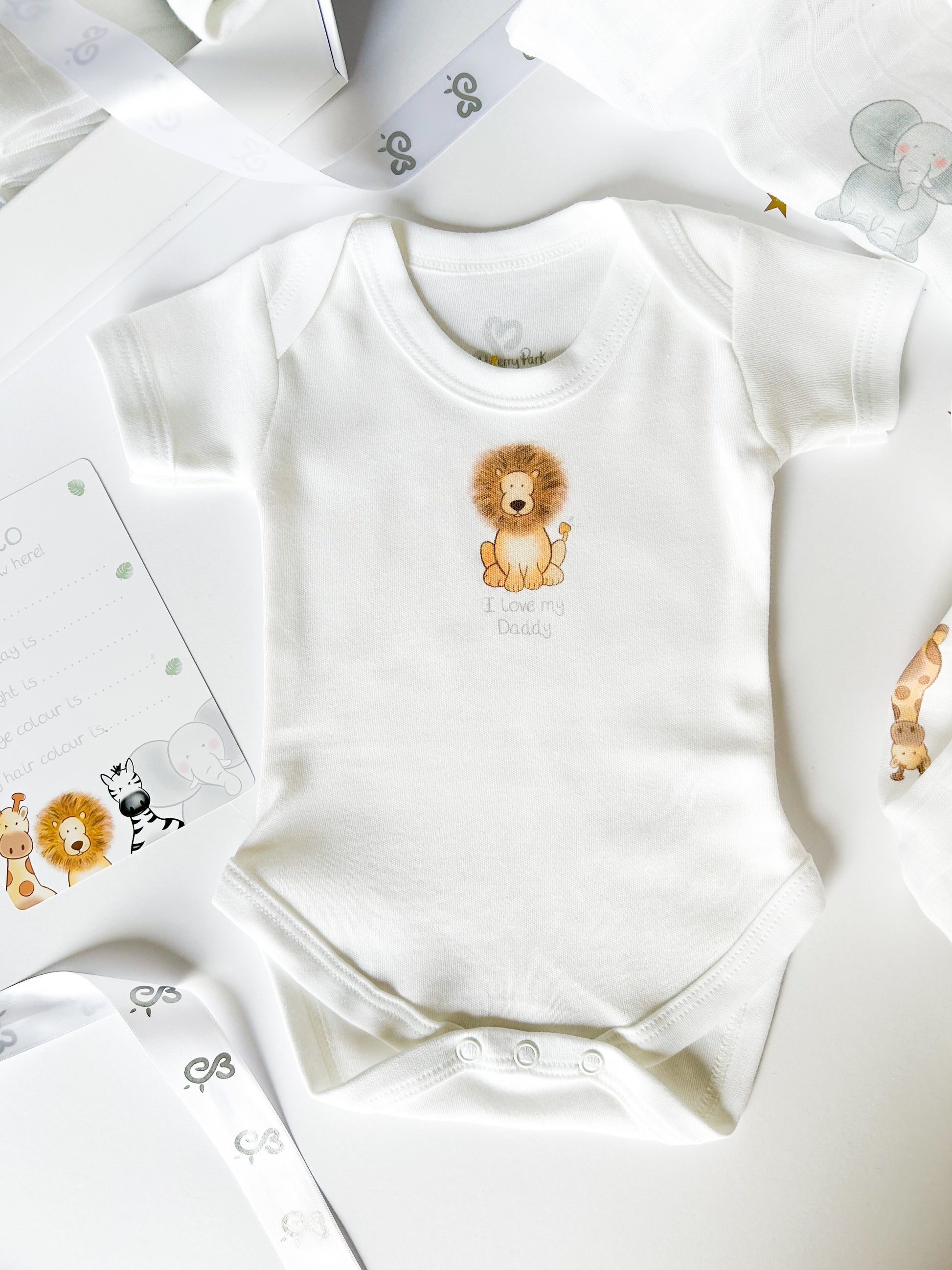 baby vest with safari animal design with safari baby milestone cards, muslin cloth and gift box