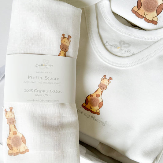 new baby letterbox gift set with safari giraffe printed baby bodysuit and muslin square with "I love my mummy" slogan