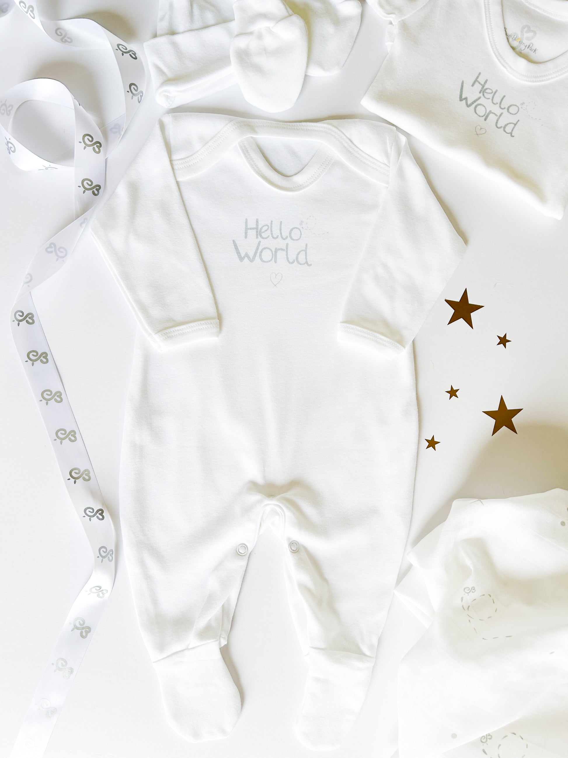 hello world printed sleepsuit with baby muslin cloth, bodysuit and hat and mittens