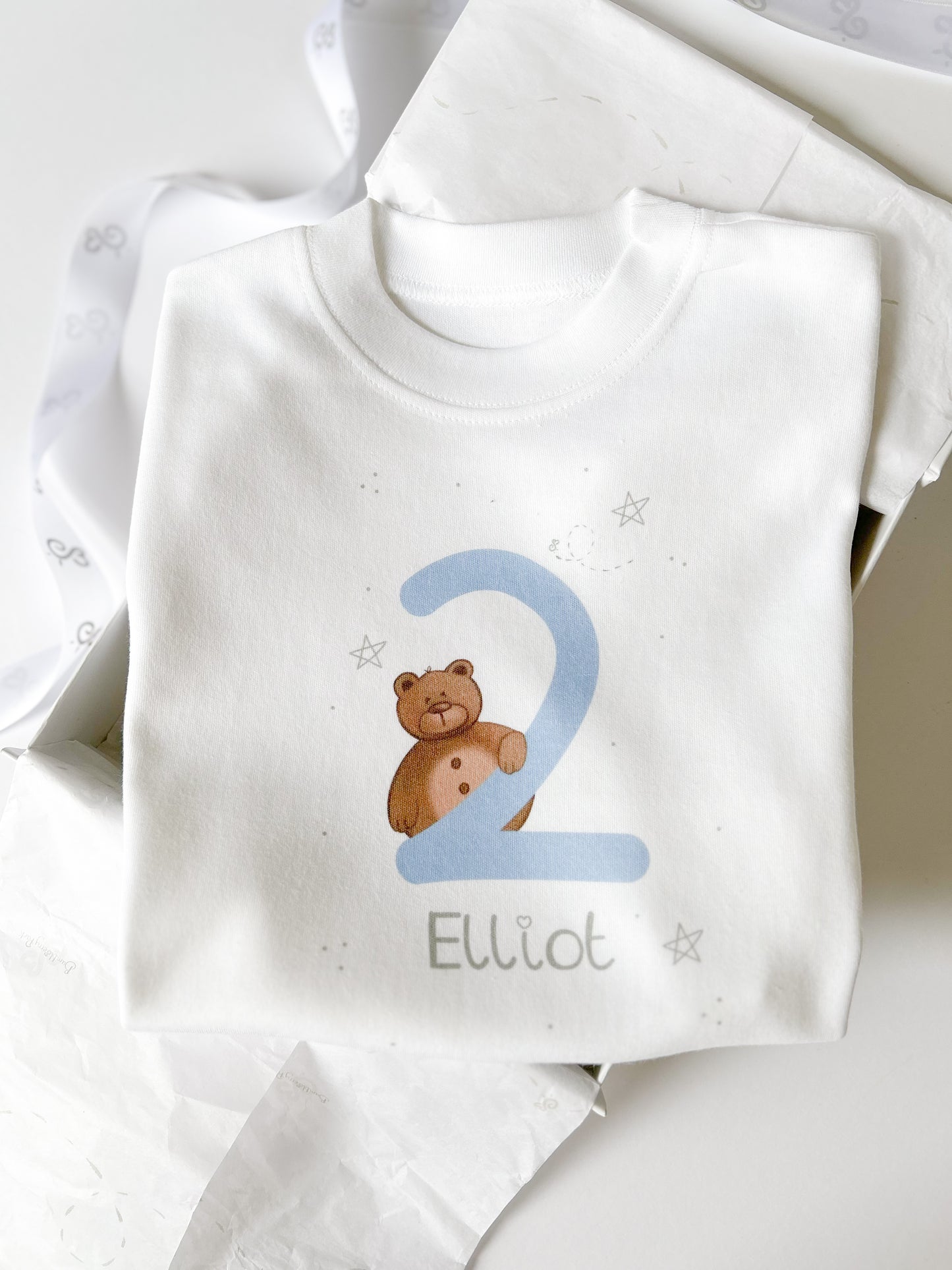 boys 2nd birthday top with cute teddy bear print and number 2 with boys name in grey