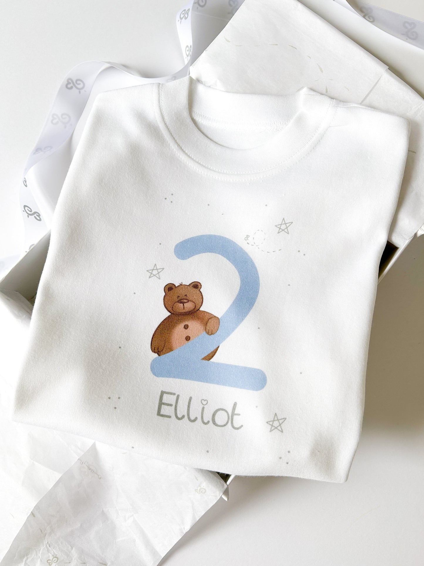 personalised 2nd birthday top with name and age with brown bear