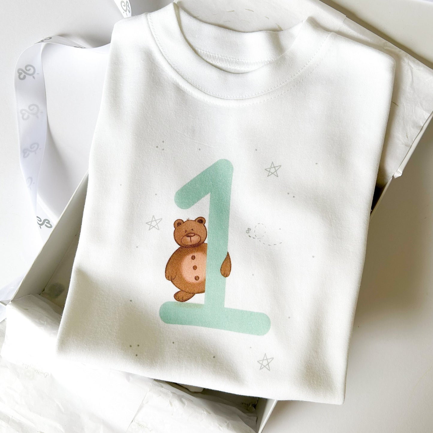 woodland bumbleberry teddy bear birthday t-shirt personalised with sage green number 1 inside a luxury white gift box and satin ribbon gift set