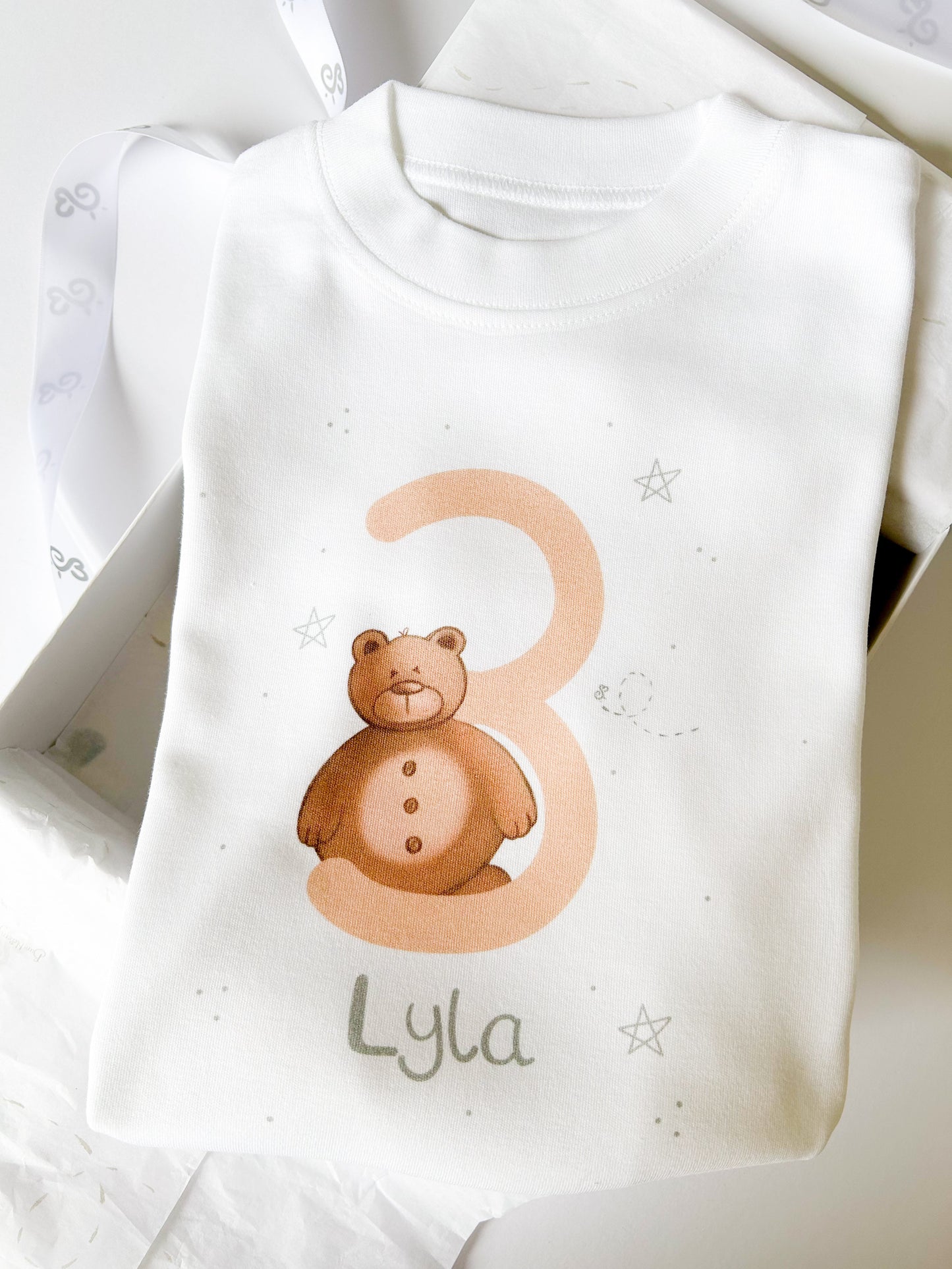 3rd birthday t-shirt with number 3 and teddy bear design in neutral latte colour