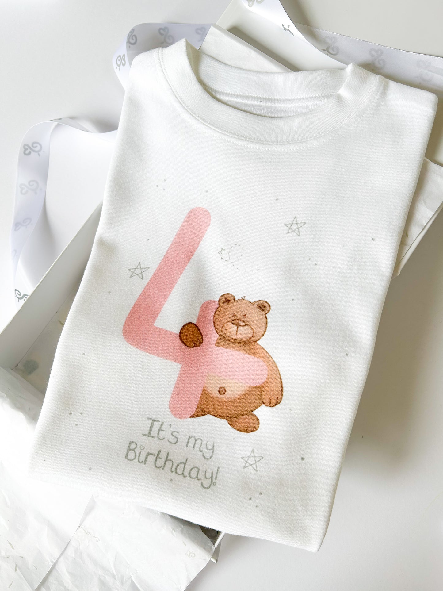 4th birthday t-shirt personalised with birthday message and woodland bear design in bright pink colour